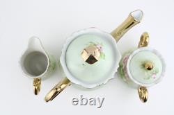 Ensemble de thé et café vintage Lefton peint à la main en vert menthe héritage avec fleurs roses.
