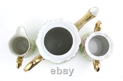 Ensemble de thé et café vintage Lefton peint à la main en vert menthe héritage avec fleurs roses.