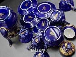 Ensemble de thé et café vintage Lindner Bavaria 11 pièces peint en cobalt véritable or Allemagne années 80