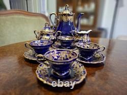 Ensemble de thé et café vintage Lindner Bavaria 11 pièces peint en cobalt véritable or Allemagne années 80