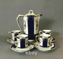 Ensemble de thé et café vintage de 9 pièces Noritake(M) peint à la main blanc et bleu cobalt floral