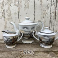 Ensemble de thé japonais vintage en lithophane avec geisha, 5 tasses, soucoupes et assiettes, théière.