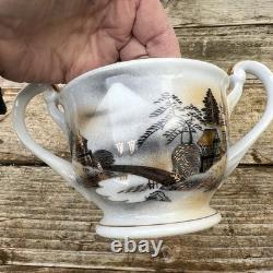 Ensemble de thé japonais vintage en lithophane avec geisha, 5 tasses, soucoupes et assiettes, théière.