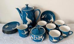 Ensemble de thé ou de café vintage en bleu sarcelle avec un motif de grues Fabriqué en Chine
