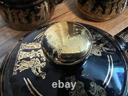 Ensemble de thé vintage de 15 pièces, tasse grecque demitasse noire peinte à la main avec bordure en or 24 carats Spyropoulos.