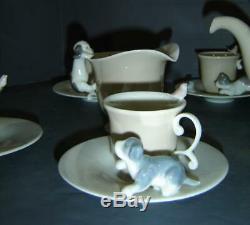 Exceptionnel Vintage 14 Pièces À La Retraite Lladro Set Café Thème Chiens Puppy Rare