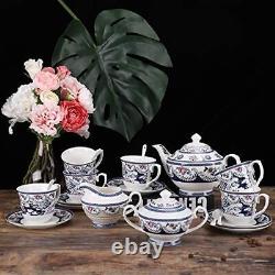 Fanquare 15 Pièces Bleu Vintage Chine Tea Set, Flora Porcelaine Coffee Set, Tea P