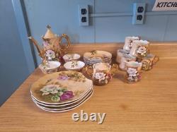 Fouet en porcelaine vintage marron Heritage Rose, cafetière, tasses, assiettes, pot à crème, sucre