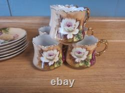 Fouet en porcelaine vintage marron Heritage Rose, cafetière, tasses, assiettes, pot à crème, sucre