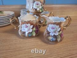 Fouet en porcelaine vintage marron Heritage Rose, cafetière, tasses, assiettes, pot à crème, sucre
