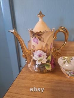 Fouet en porcelaine vintage marron Heritage Rose, cafetière, tasses, assiettes, pot à crème, sucre