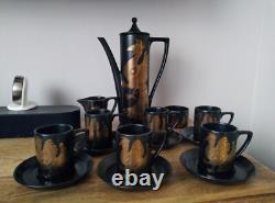 Magnifique grand service à café vintage Portmeirion Phoenix noir et or John Cuffley