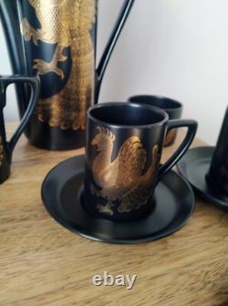 Magnifique grand service à café vintage Portmeirion Phoenix noir et or John Cuffley