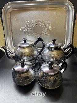 NOS VINTAGE Service à Café / Thé avec Plateau et 4 Pièces : Théière, Cafetière, Sucrier