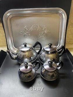 NOS VINTAGE Service à Café / Thé avec Plateau et 4 Pièces : Théière, Cafetière, Sucrier