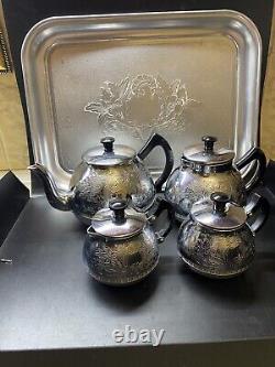 NOS VINTAGE Service à Café / Thé avec Plateau et 4 Pièces : Théière, Cafetière, Sucrier