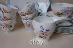 Non Utilisé Vintage Shelly Wild Flowers Baby Blue Handle 21 Pcs Tea / Coffee Set
