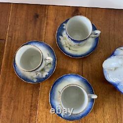 Pot à café en cacao et magnolia bleu et blanc avec 6 tasses et soucoupes, lot vintage de 14 avec bordure dorée