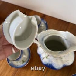 Pot à café en cacao et magnolia bleu et blanc avec 6 tasses et soucoupes, lot vintage de 14 avec bordure dorée