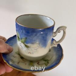 Pot à café en cacao et magnolia bleu et blanc avec 6 tasses et soucoupes, lot vintage de 14 avec bordure dorée