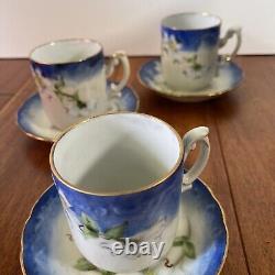 Pot à café en cacao et magnolia bleu et blanc avec 6 tasses et soucoupes, lot vintage de 14 avec bordure dorée