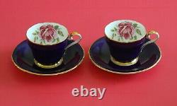 Rare Vintage Aynsley Tea/cafee Pot Set Tasses Saucers Cobalt Blue Roses Or