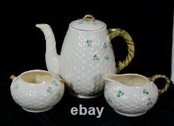 Rare! Vintage Belleek Pottery Shamrock Pattern 3 Piece Coffee Set Menthe