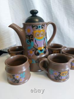 Rare ensemble de café Sadler FOLK ART vintage rétro des années 1970 avec hibou marron, violet et orange