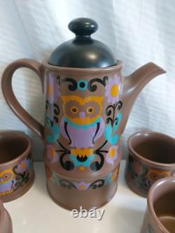 Rare ensemble de café Sadler FOLK ART vintage rétro des années 1970 avec hibou marron, violet et orange