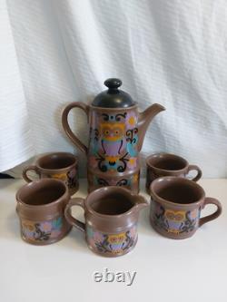 Rare ensemble de café Sadler FOLK ART vintage rétro des années 1970 avec hibou marron, violet et orange
