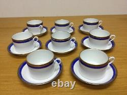 Richard Ginori Palermo Blue Avecgold Encrusted Flat Cup & Saucers (8 Sets) Italie