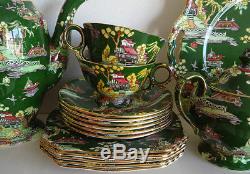 Royal Winton Chintz Set De Café / Thé Vert Pekin Gaudy Willow Vintage 6 Tasses De Plat