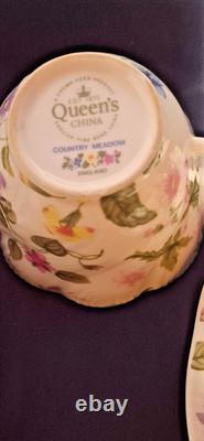 Service à café Country Meadow pour 6 personnes en porcelaine fine à la cendre d’os Queen’s England