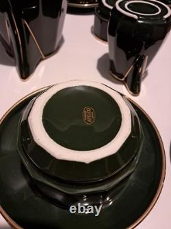 Service à café bistrot français vintage Apilco vert et or, 16 pièces, dont 4 tasses à petit-déjeuner