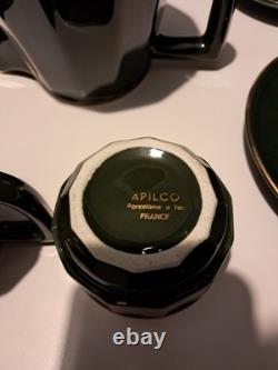 Service à café bistrot français vintage Apilco vert et or, 16 pièces, dont 4 tasses à petit-déjeuner