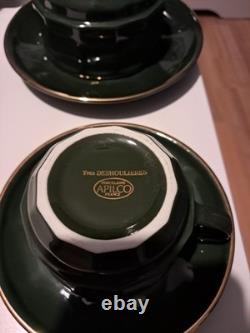 Service à café bistrot français vintage Apilco vert et or, 16 pièces, dont 4 tasses à petit-déjeuner