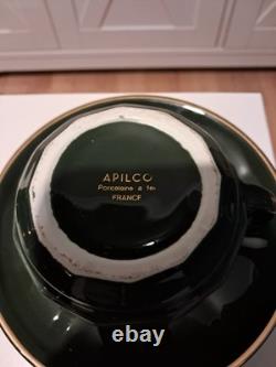 Service à café bistrot français vintage Apilco vert et or, 16 pièces, dont 4 tasses à petit-déjeuner