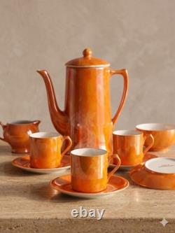 Service à café en porcelaine lustre orange flamme vintage tchécoslovaque KMR