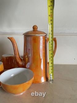 Service à café en porcelaine lustre orange flamme vintage tchécoslovaque KMR