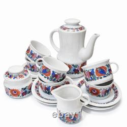 Service à café en porcelaine polonaise Wawel Lowicz, motif d’oiseau folklorique, vintage années 1970, couleurs vives