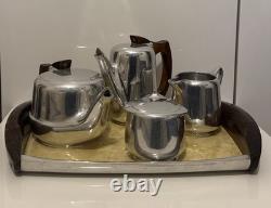 Service à café et à thé vintage en piquet, milieu du siècle, 4 pièces avec plateau n°14