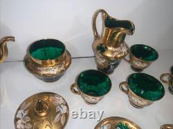 Service à café et à thé vintage en verre émaillé vert de Murano, peint à la main, 24K, vénitien