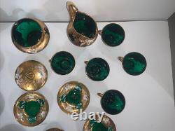 Service à café et à thé vintage en verre émaillé vert de Murano, peint à la main, 24K, vénitien