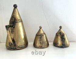 Service à café et thé en laiton EPNS ART DÉCO / MODERNISTE vintage, 3 pièces, sucrier et crémier