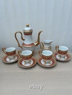 Service à café et thé en porcelaine vintage 10 pièces avec tasses pieds dorés et feuilles rouges - Cadeau