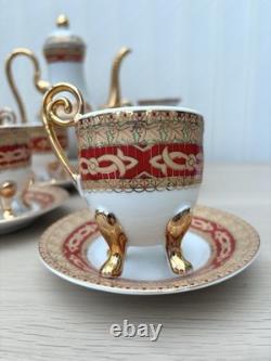 Service à café et thé en porcelaine vintage 10 pièces avec tasses pieds dorés et feuilles rouges - Cadeau