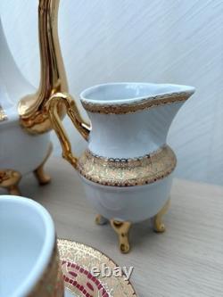Service à café et thé en porcelaine vintage 10 pièces avec tasses pieds dorés et feuilles rouges - Cadeau