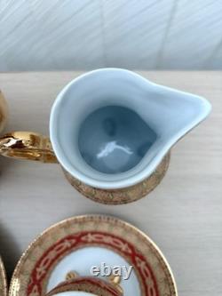 Service à café et thé en porcelaine vintage 10 pièces avec tasses pieds dorés et feuilles rouges - Cadeau