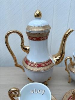 Service à café et thé en porcelaine vintage 10 pièces avec tasses pieds dorés et feuilles rouges - Cadeau
