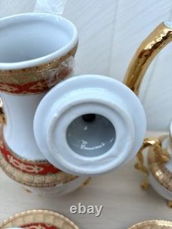 Service à café et thé en porcelaine vintage 10 pièces avec tasses pieds dorés et feuilles rouges - Cadeau